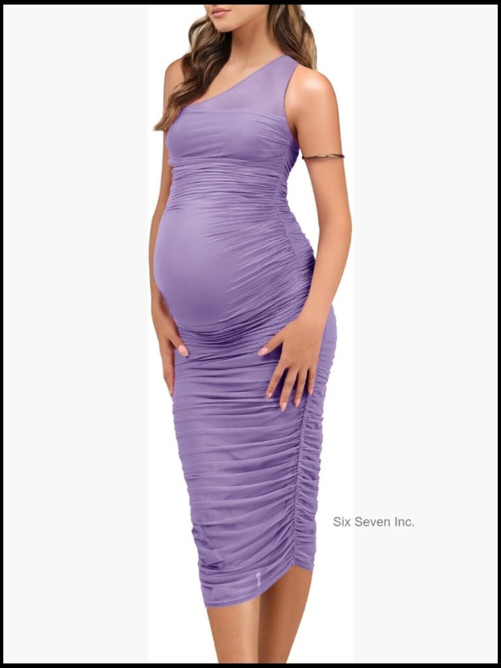 Mesh Ruched One-Shoulder Midi Formal Maternity Dress with Zipper